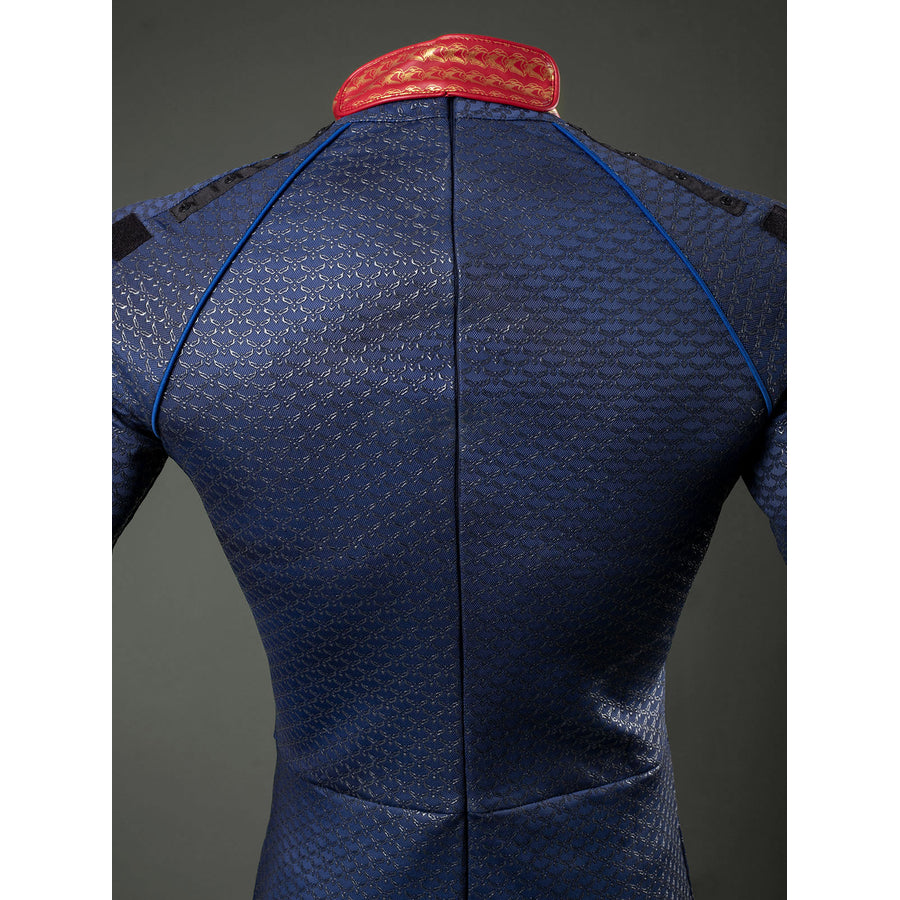 Homelander cosplay costume jumpsuit back detail tracks blue piping toward the center zipper.