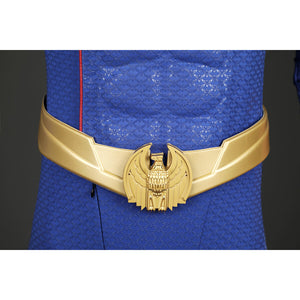 Close-up of Homelander cosplay costume belt from The Boys with gold eagle buckle