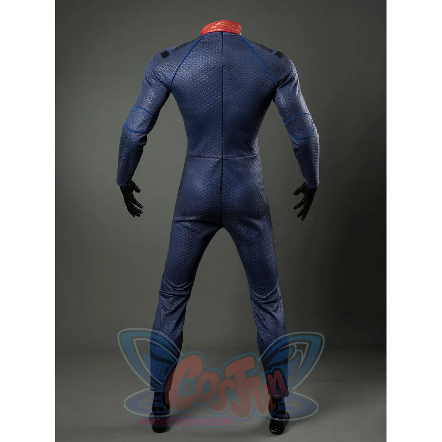 Homelander cosplay costume jumpsuit back view follows blue scale texture along the center zipper line.