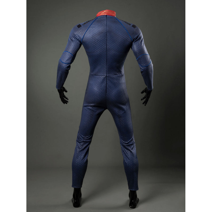 Homelander cosplay costume jumpsuit back view follows blue scale texture along the center zipper line.