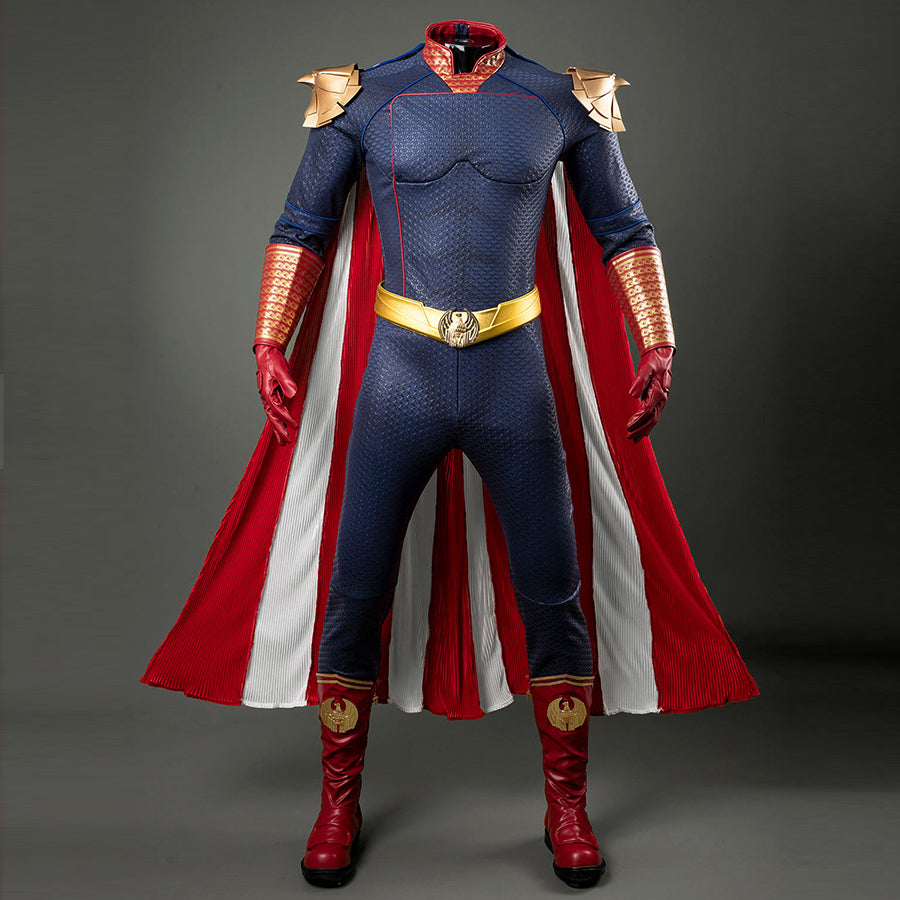 COSFUN Homelander cosplay costume layers a blue textured jumpsuit beneath a red-and-white cloak.