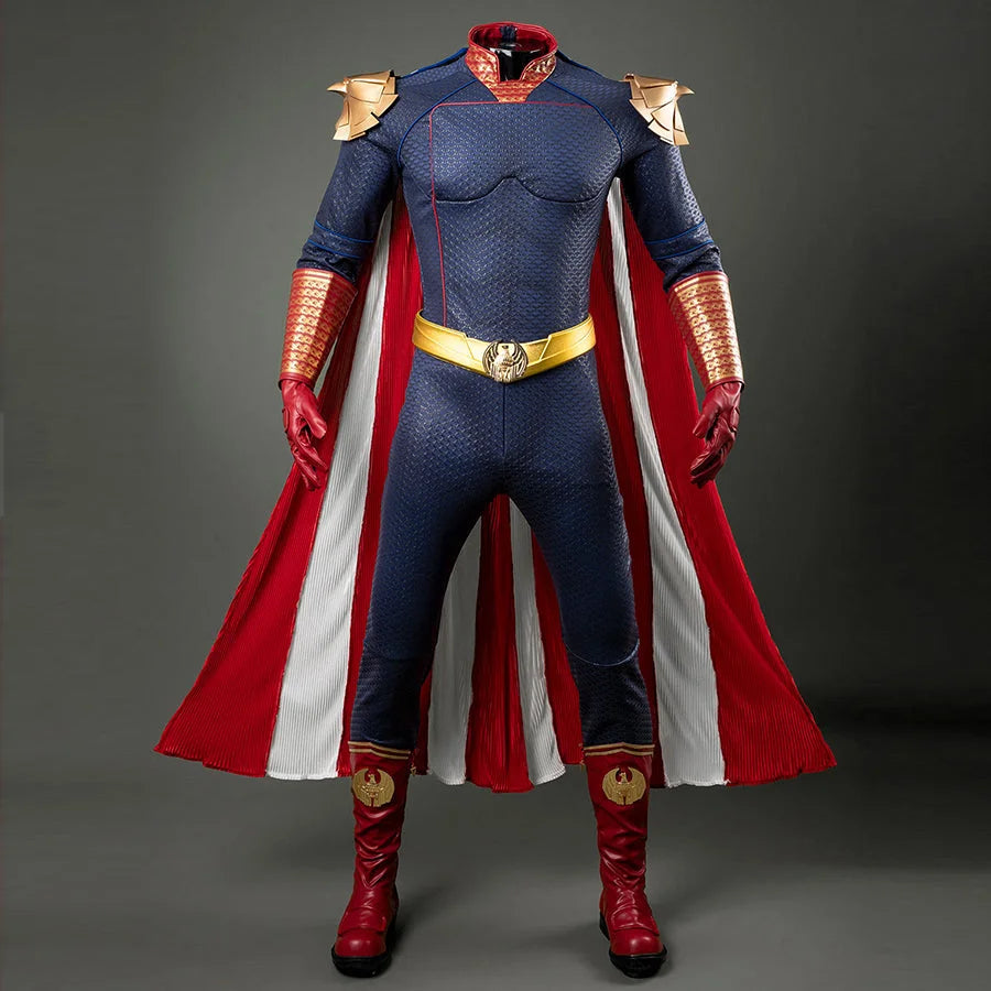 COSFUN Homelander cosplay costume layers a blue textured jumpsuit beneath a red-and-white cloak.