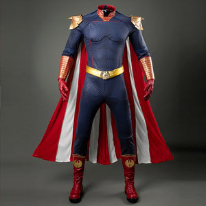 COSFUN Homelander cosplay costume layers a blue textured jumpsuit beneath a red-and-white cloak.