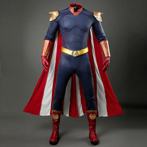 COSFUN Homelander cosplay costume layers a blue textured jumpsuit beneath a red-and-white cloak.
