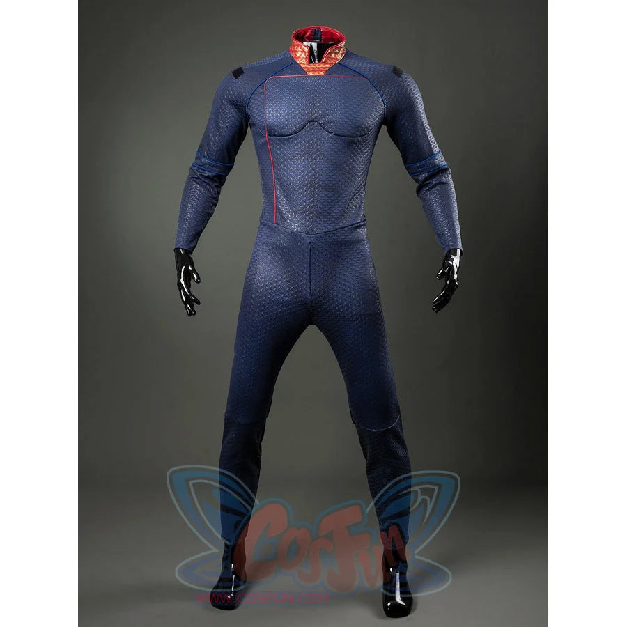 Homelander cosplay costume jumpsuit front view traces blue scale texture and red piping without the cloak.