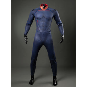Homelander cosplay costume jumpsuit front view traces blue scale texture and red piping without the cloak.