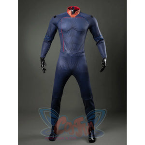 Homelander cosplay costume jumpsuit front view traces blue scale texture and red piping without the cloak.