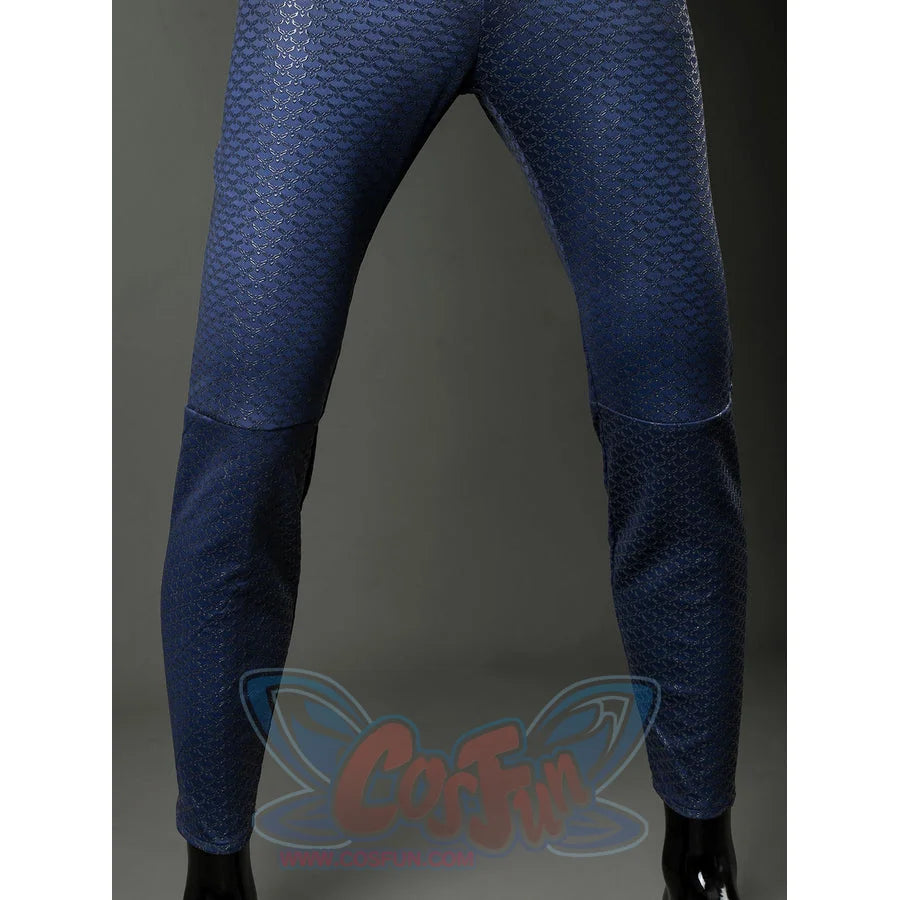 Homelander cosplay costume jumpsuit leg front view follows blue scale texture over fitted knee panels.