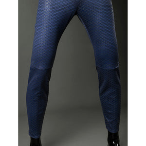 Homelander cosplay costume jumpsuit leg front view follows blue scale texture over fitted knee panels.