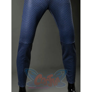 Homelander cosplay costume jumpsuit leg front view follows blue scale texture over fitted knee panels.