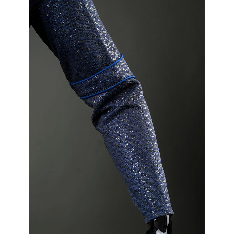 Homelander cosplay costume sleeve detail follows blue piping around the fitted forearm panel.