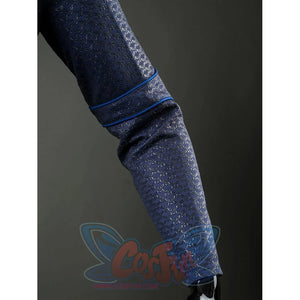 Homelander cosplay costume sleeve detail follows blue piping around the fitted forearm panel.