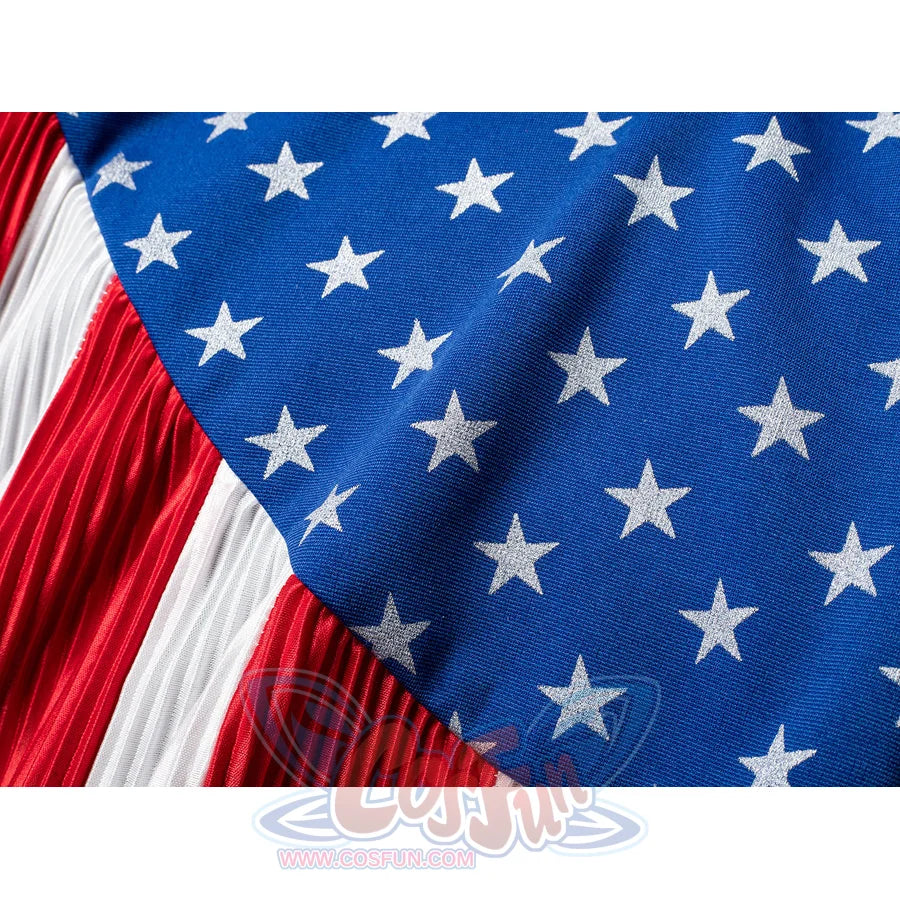Homelander cosplay costume cloak star panel layers blue fabric over red-and-white pleated stripes.
