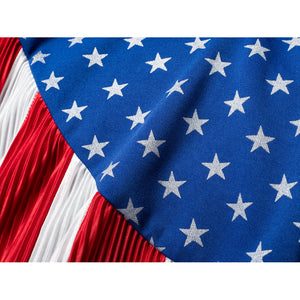 Homelander cosplay costume cloak star panel layers blue fabric over red-and-white pleated stripes.