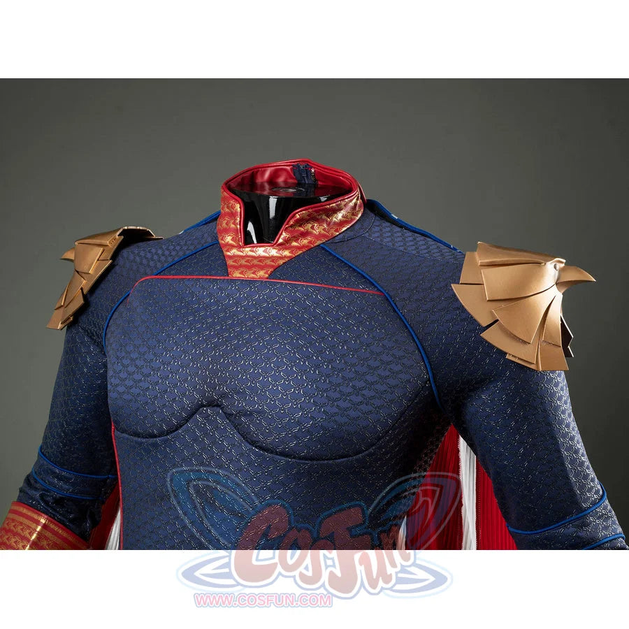 Homelander cosplay costume collar detail sets red patterned trim between blue piping and shoulder armor.
