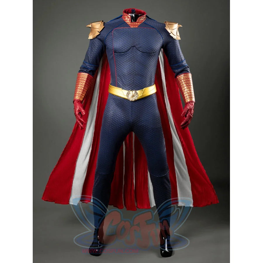 Homelander cosplay costume front view anchors a gold-tone eagle belt across the blue jumpsuit.