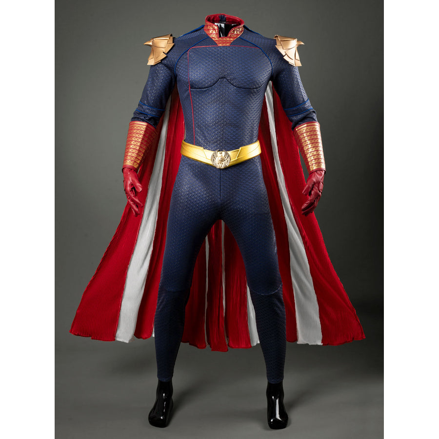 Homelander cosplay costume front view anchors a gold-tone eagle belt across the blue jumpsuit.