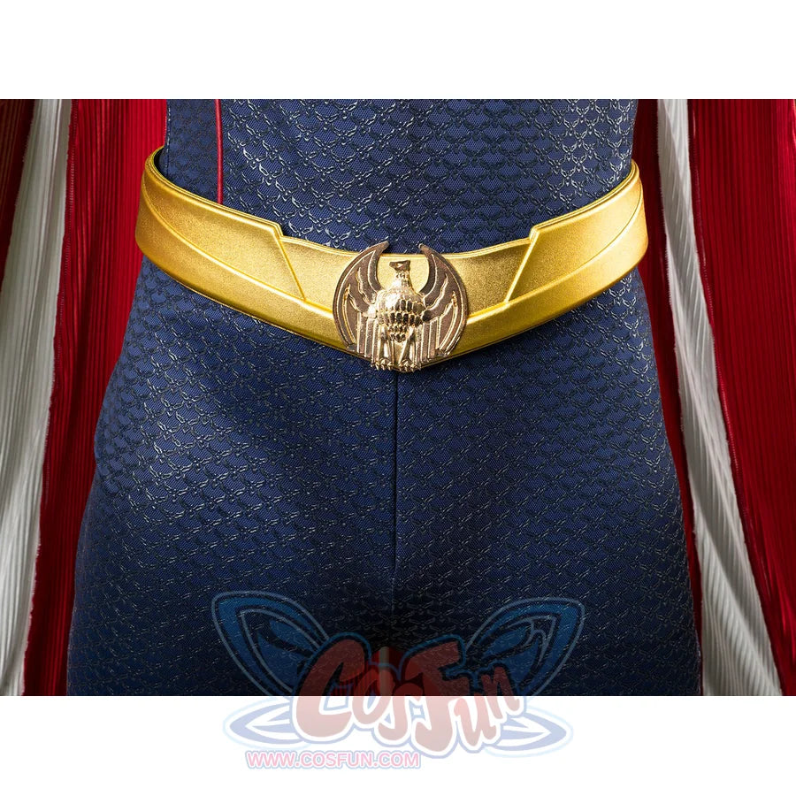 Homelander cosplay costume eagle belt front view rests gold-tone panels against the blue jumpsuit.