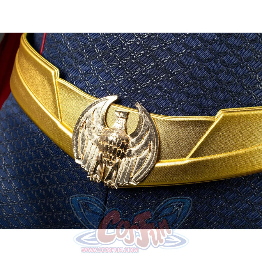 Homelander cosplay costume belt buckle close-up centers an eagle emblem between gold-tone panels.