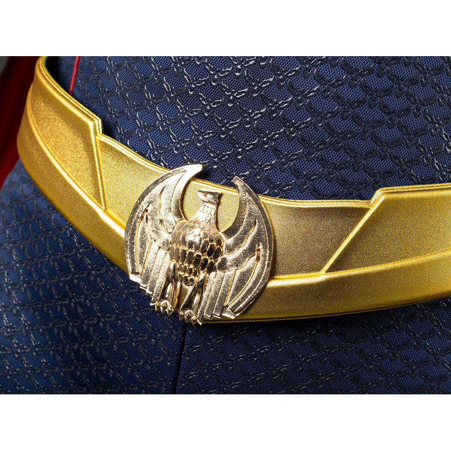 Homelander cosplay costume belt buckle close-up centers an eagle emblem between gold-tone panels.