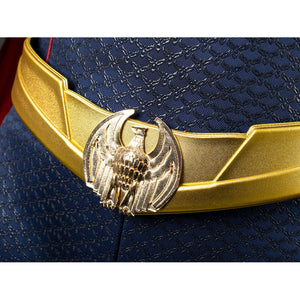 Homelander cosplay costume belt buckle close-up centers an eagle emblem between gold-tone panels.
