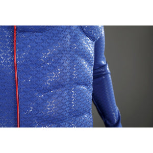 Close-up of Homelander cosplay costume blue fabric from The Boys with embossed texture and red piping