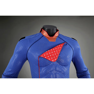 Front torso view of Homelander cosplay costume from The Boys with blue bodysuit and red chest panel