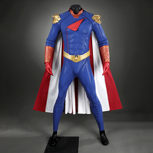 Front view of Homelander cosplay costume from The Boys with gold armor, red gloves, red boots and cape displayed on a mannequin