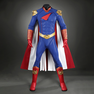 Front view of Homelander cosplay costume from The Boys with blue bodysuit, gold belt, red gloves and cape displayed on a mannequin