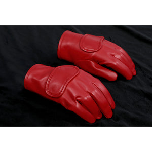 Pair of red gloves for Homelander cosplay costume from The Boys with wrist flap detail