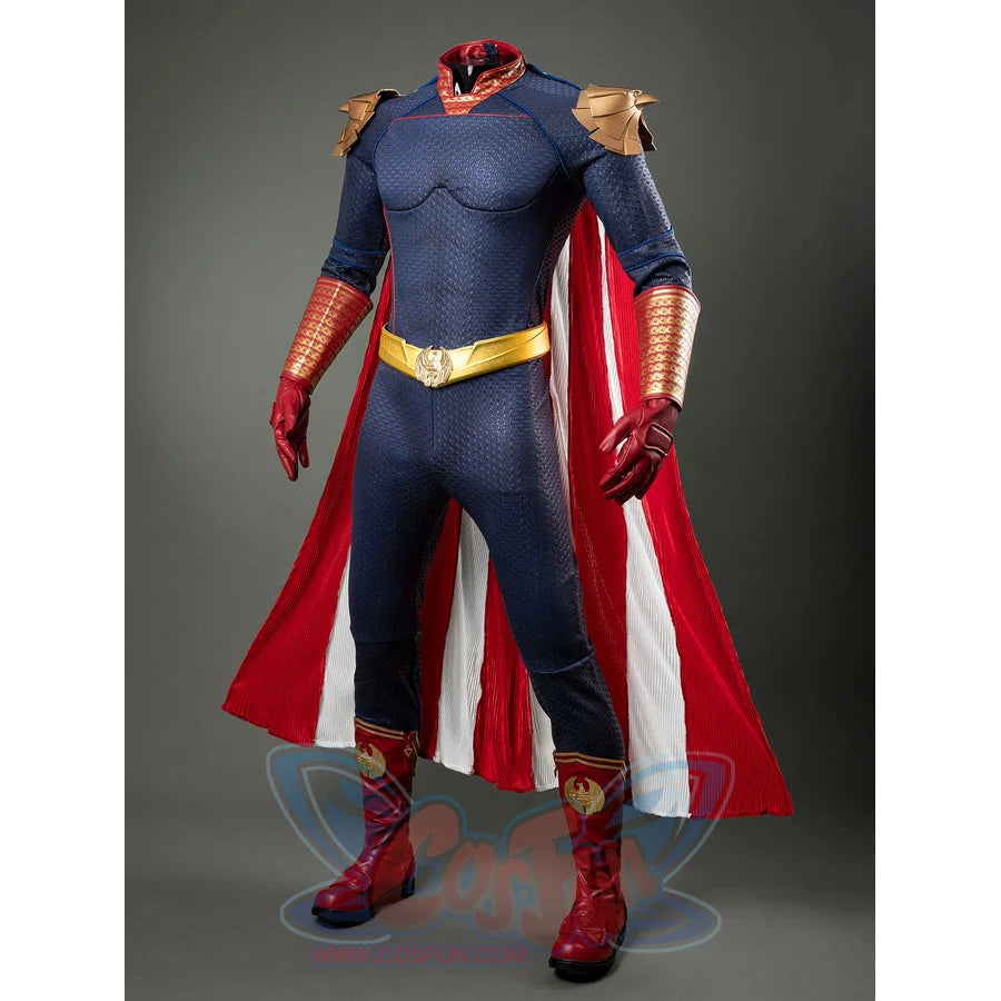 Homelander cosplay costume angled front view frames gold-tone armor over the blue jumpsuit.