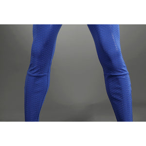 Close-up of Homelander cosplay costume leg from The Boys with blue textured fabric and knee shaping