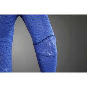 Close-up of Homelander cosplay costume leg panel from The Boys with blue texture and curved seam trim
