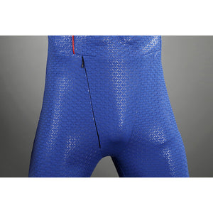 Close-up of Homelander cosplay costume lower torso from The Boys with blue textured fabric and zipper opening