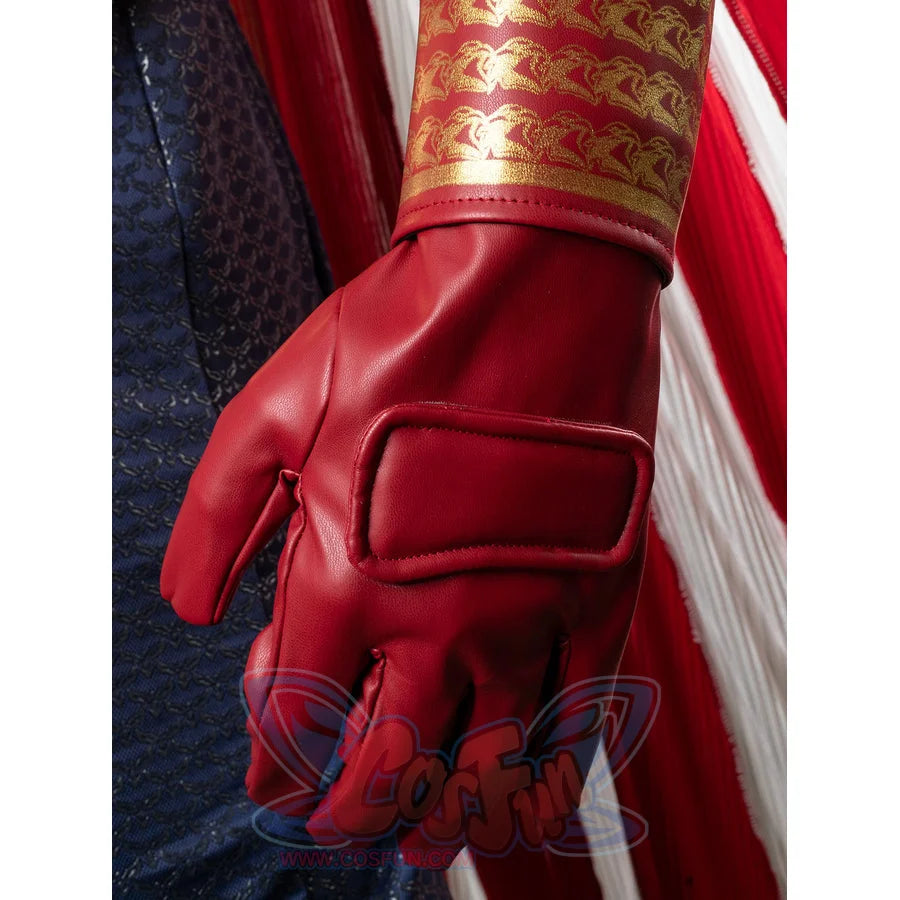 Homelander cosplay costume red glove detail adds padded knuckle panels below the bracer cuff.