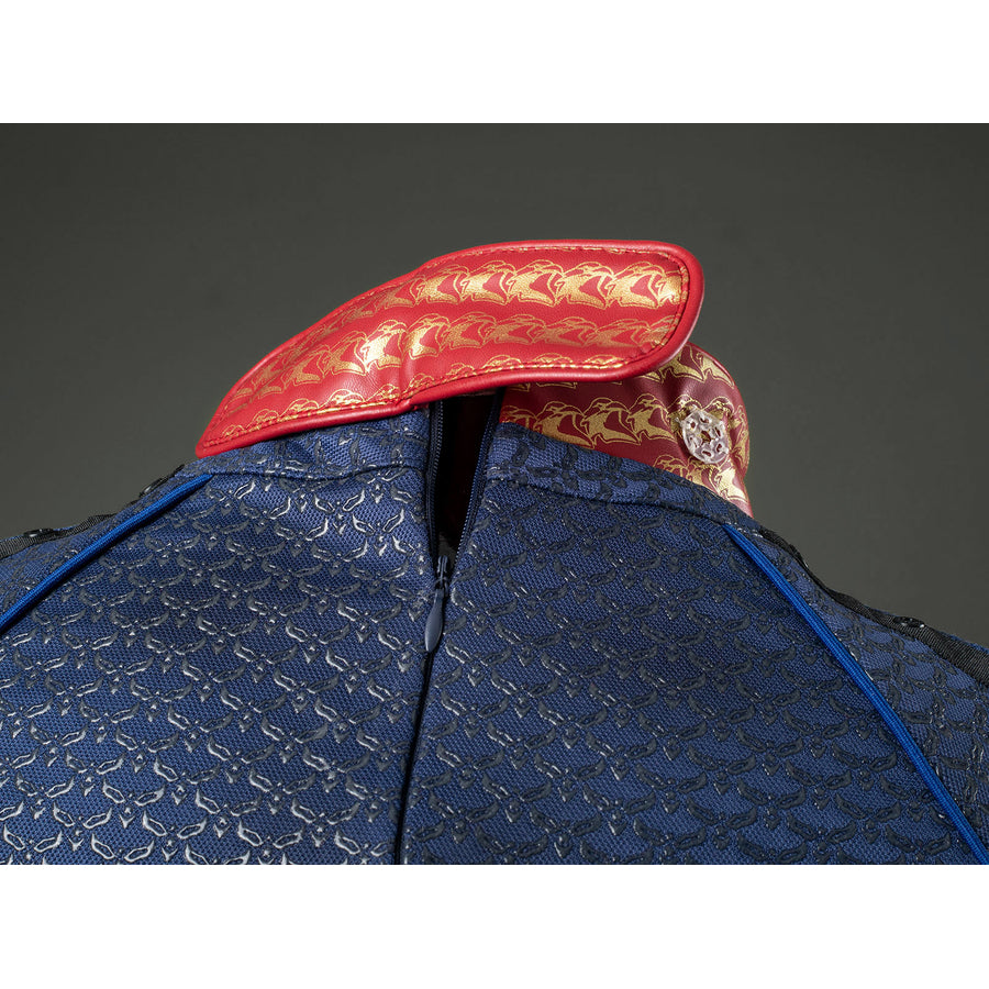 Homelander cosplay costume back collar detail folds red patterned trim above the blue zipper line.