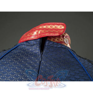 Homelander cosplay costume back collar detail folds red patterned trim above the blue zipper line.