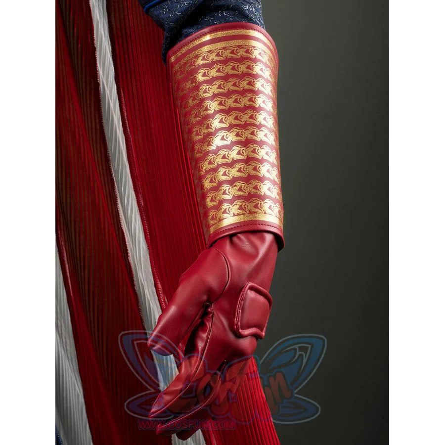 Homelander cosplay costume bracer detail layers red faux leather over a matching glove.
