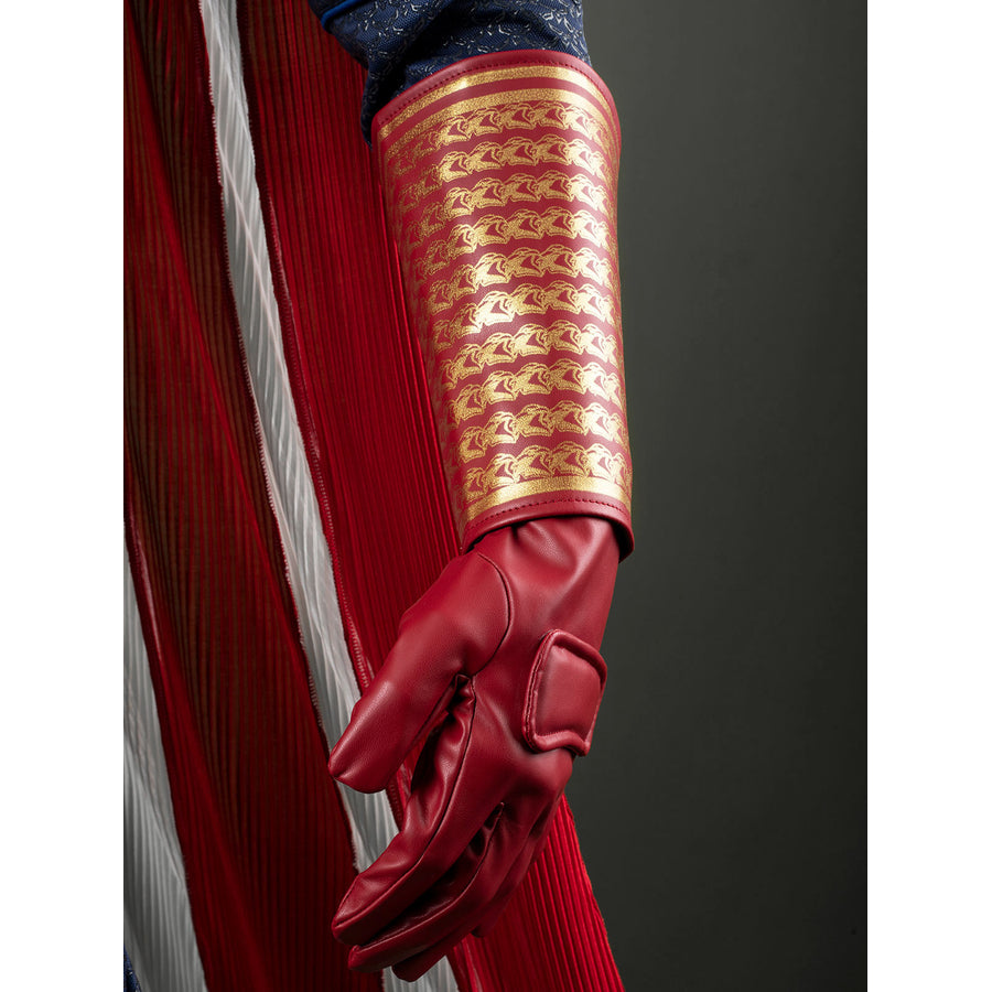 Homelander cosplay costume bracer detail layers red faux leather over a matching glove.