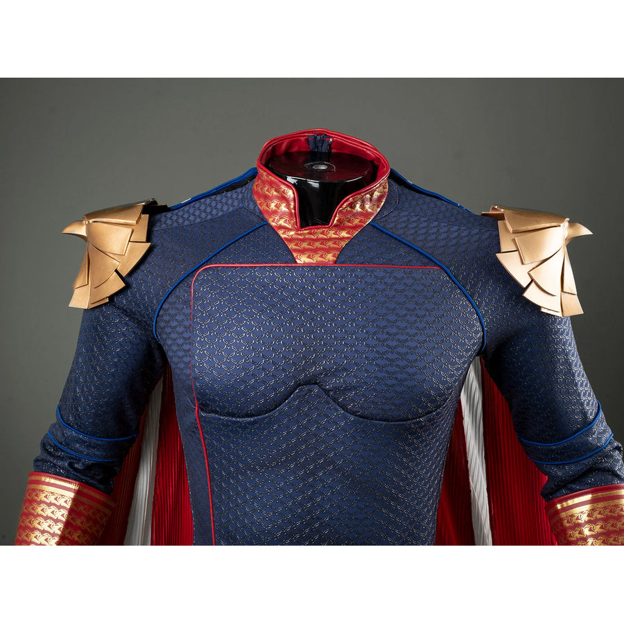 Homelander cosplay costume chest detail frames the red collar over textured blue torso panels.