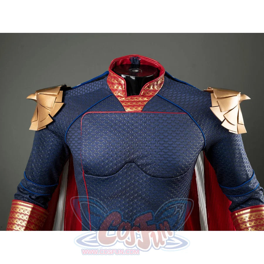 Homelander cosplay costume chest detail frames the red collar over textured blue torso panels.