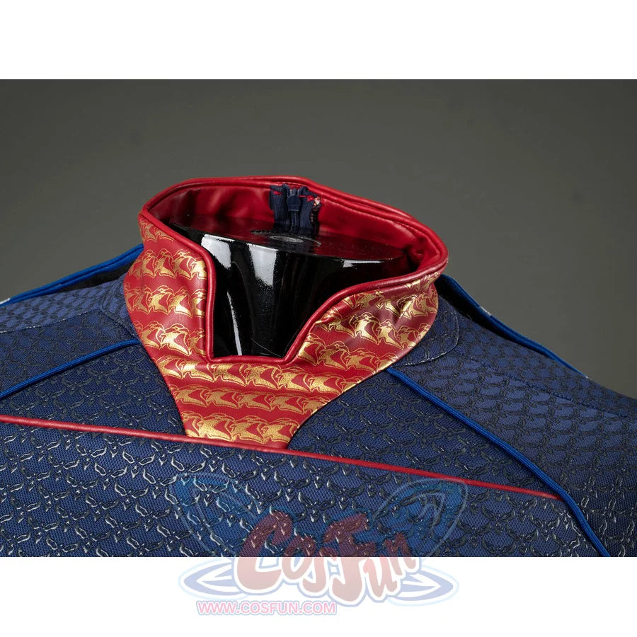Homelander cosplay costume collar close-up layers red patterned trim above the blue scaled fabric.