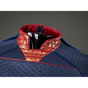 Homelander cosplay costume collar close-up layers red patterned trim above the blue scaled fabric.