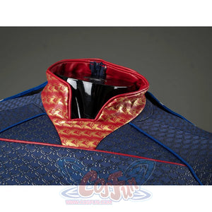 Homelander cosplay costume collar close-up layers red patterned trim above the blue scaled fabric.