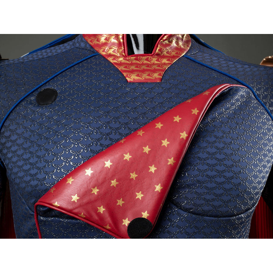 Homelander cosplay costume cloak detail turns red star lining across the blue textured chest.