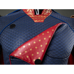 Homelander cosplay costume cloak detail turns red star lining across the blue textured chest.