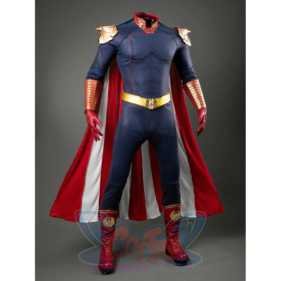 Homelander cosplay costume front view sets the red-and-white cloak behind a blue jumpsuit.