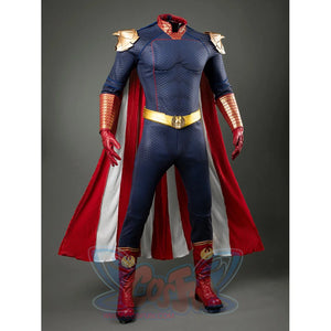 Homelander cosplay costume front view sets the red-and-white cloak behind a blue jumpsuit.