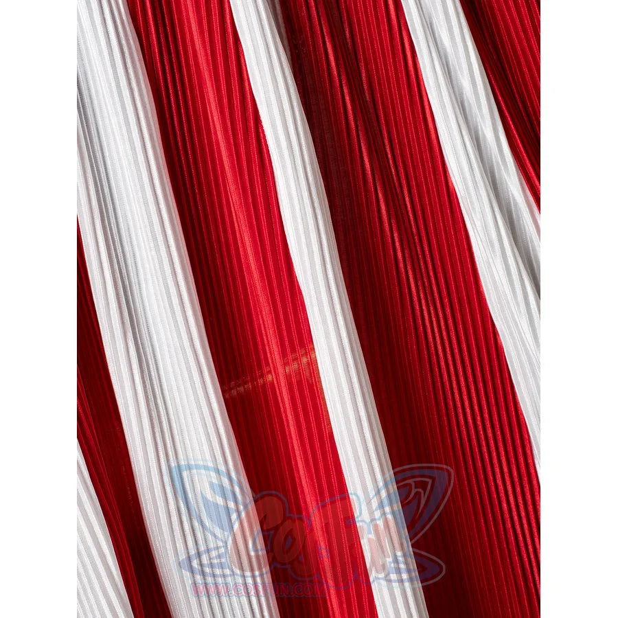 Homelander cosplay costume cloak stripe detail alternates red and white pleats in a vertical fall.