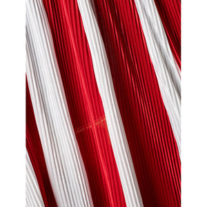 Homelander cosplay costume cloak stripe detail alternates red and white pleats in a vertical fall.